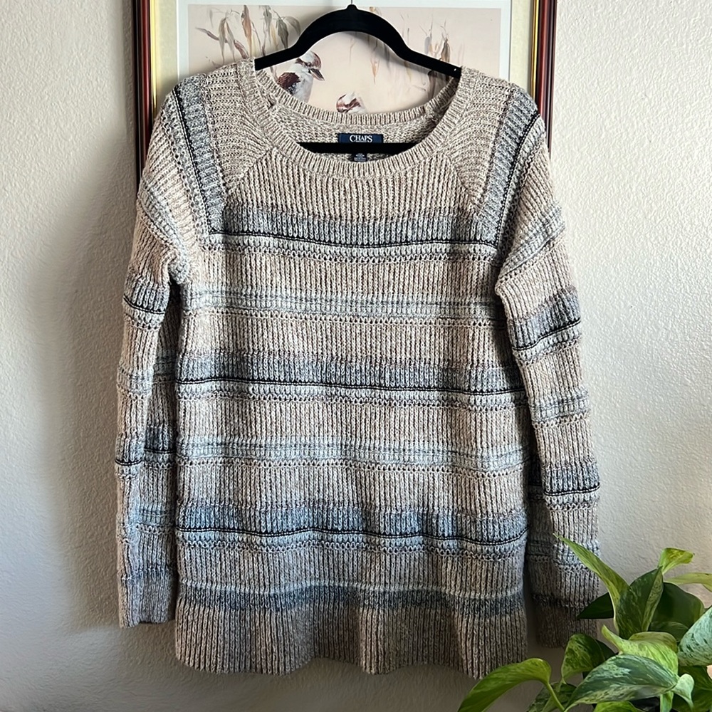 Chaps • Neutral Crochet Knit Tan & Gray Cozy Long Sweater